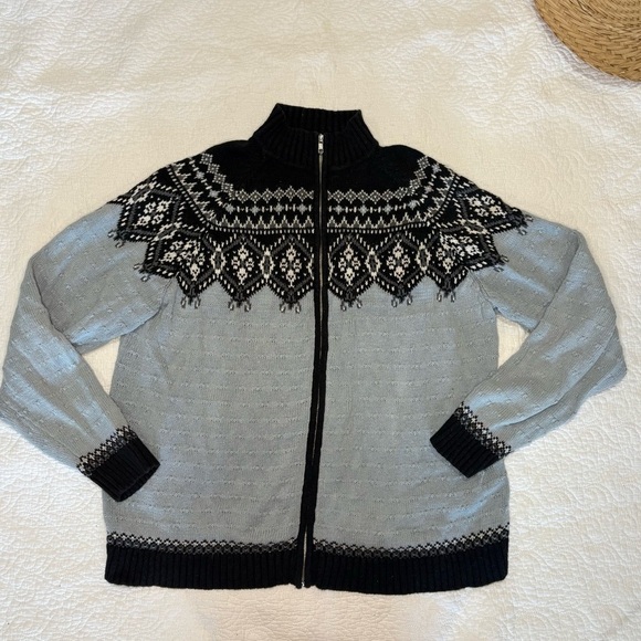 Jackets & Blazers - Sag Harbor Nordic Fair Isle Zip Sweater Jacket Black Gray White XL